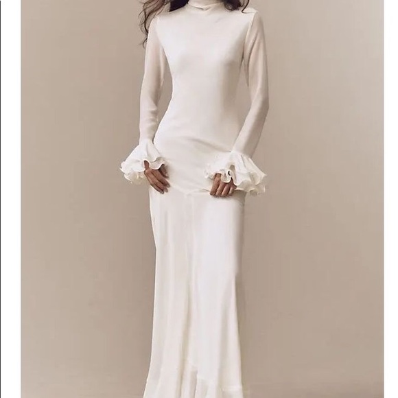 DE LA VALI DAIRA MOCK-NECK RUFFLE LONG-SLEEVE BIAS-CUT MAXI DRESS - Picture 2 of 5